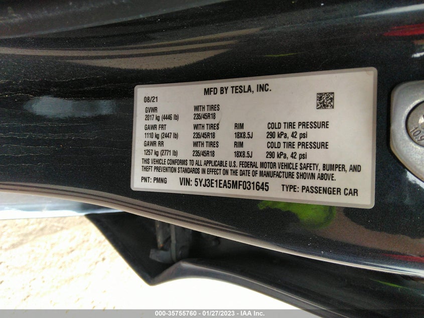 Auction sale of the 2021 Tesla Model 3 , vin: 5YJ3E1EA5MF031645, lot number: 35755760