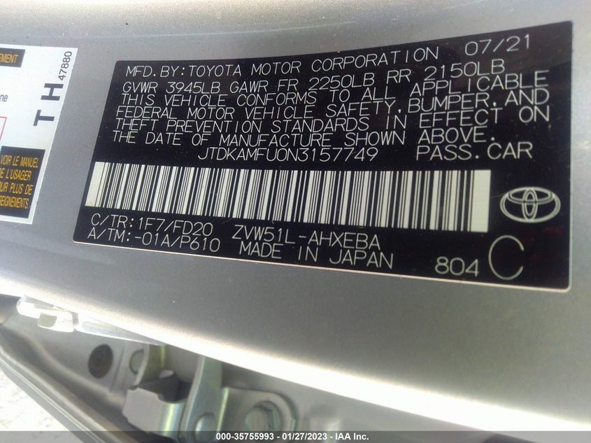 2022 TOYOTA PRIUS VIN: JTDKAMFU0N3157749