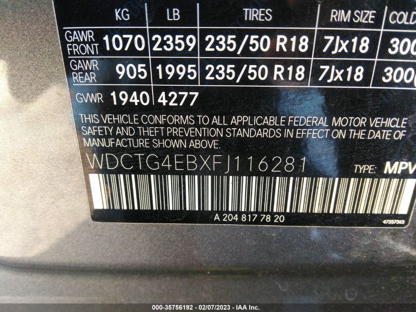 2015 MERCEDES-BENZ GLA-CLASS GLA 250 WDCTG4EBXFJ116281