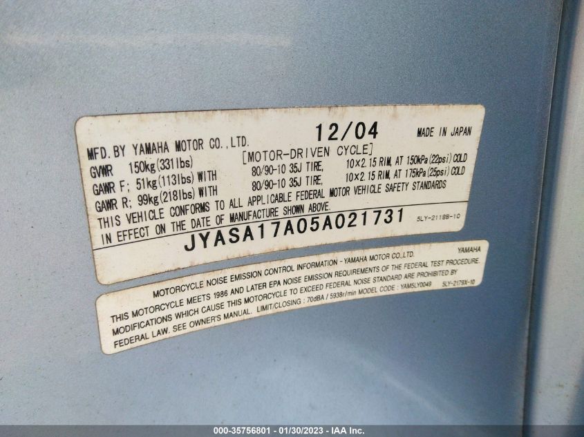 2005 YAMAHA YJ50 JYASA17A05A021731