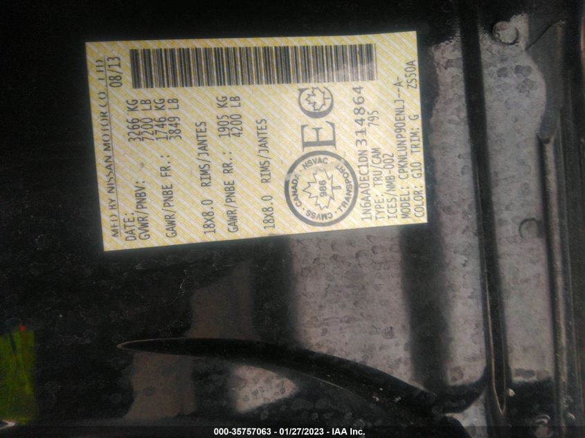 2013 NISSAN TITAN S/SV/PRO-4X/SL - 1N6AA0EC1DN314864