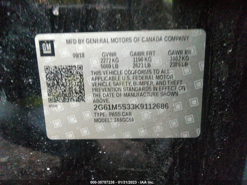 VIN 2G61M5S33K9112686 2019 CADILLAC XTS LUXURY