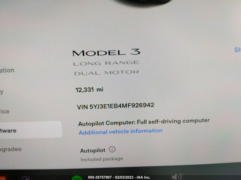 VIN 5YJ3E1EB4MF926942 2021 TESLA MODEL 3 LONG RANGE