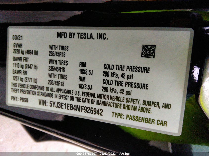 VIN 5YJ3E1EB4MF926942 2021 TESLA MODEL 3 LONG RANGE