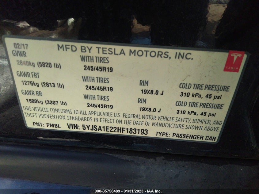 VIN 5YJSA1E22HF183193 2017 TESLA MODEL S 100D/90D/75D/60D/P100D