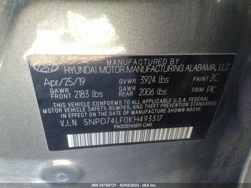 2019 HYUNDAI ELANTRA SE 5NPD74LF0KH493317