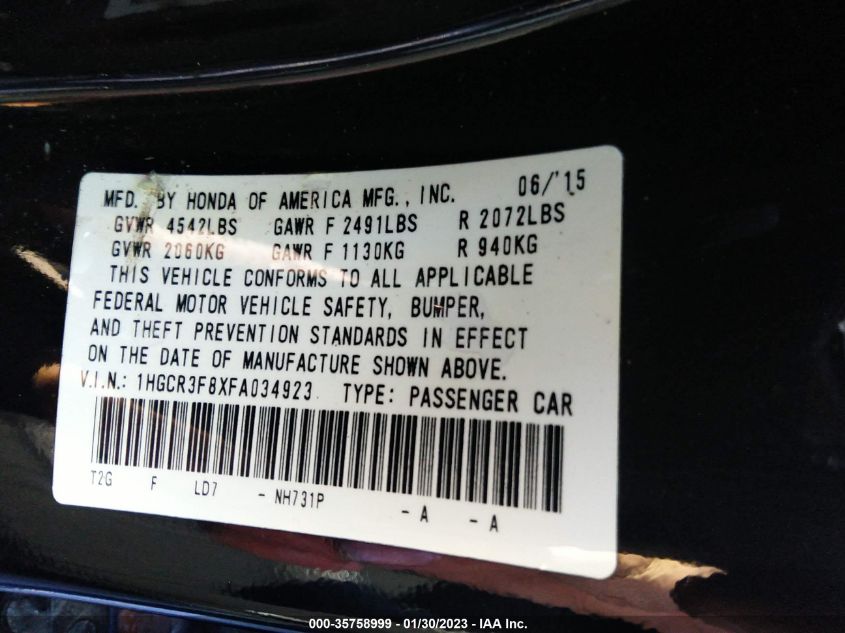 2015 HONDA ACCORD SEDAN EX-L - 1HGCR3F8XFA034923