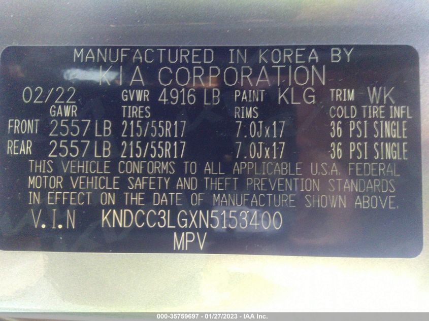 2022 KIA NIRO EV EX KNDCC3LGXN5153400