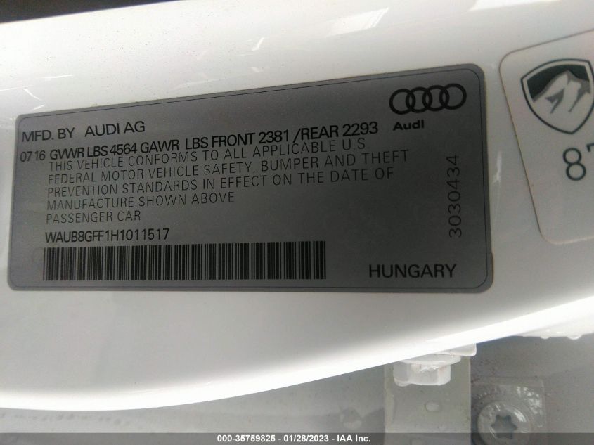 2017 AUDI A3 SEDAN PREMIUM - WAUB8GFF1H1011517