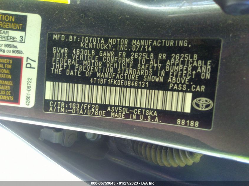 2014 TOYOTA CAMRY L/LE/XLE/SE/SE SPORT - 4T1BF1FK0EU846131
