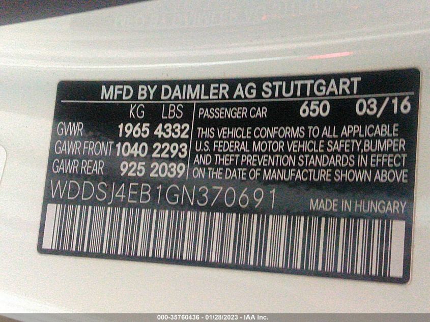 2016 MERCEDES-BENZ CLA CLA 250 WDDSJ4EB1GN370691