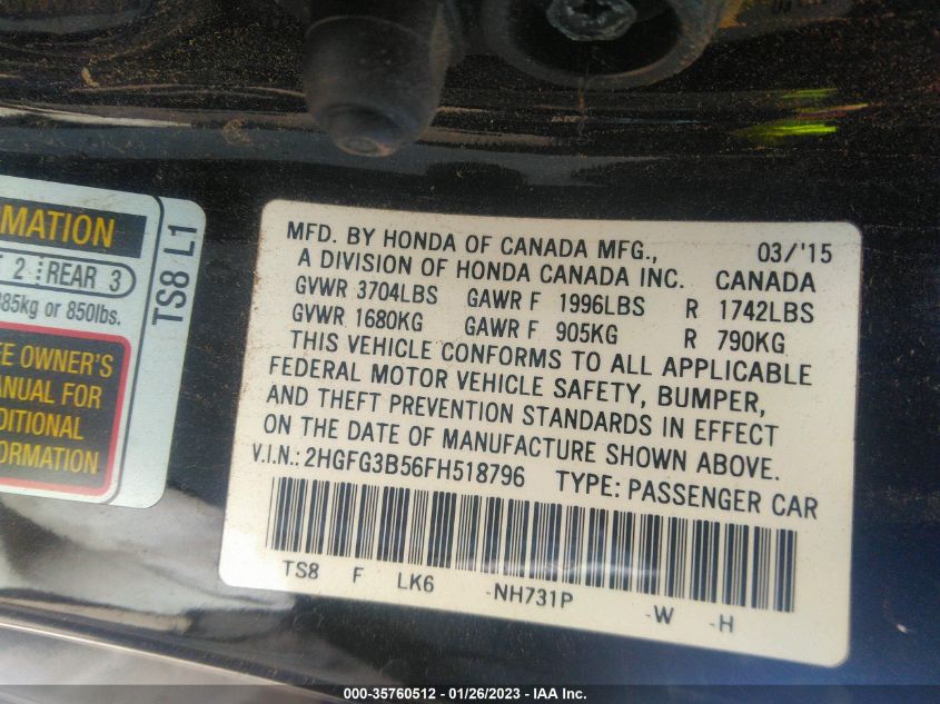 2015 HONDA CIVIC COUPE LX 2HGFG3B56FH518796
