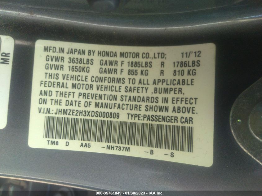 2013 HONDA INSIGHT JHMZE2H3XDS000809
