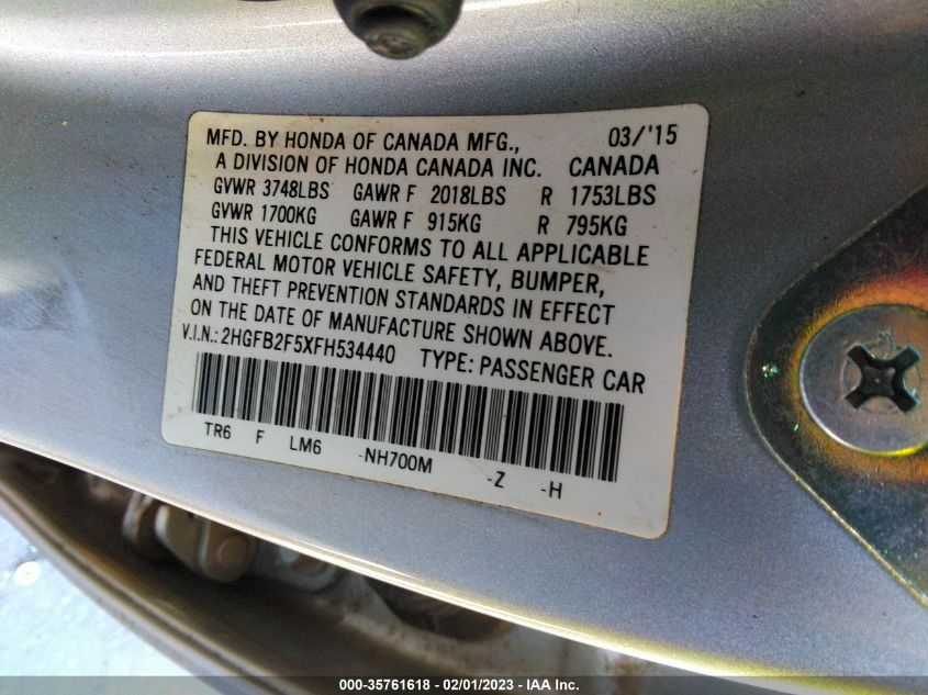 2015 HONDA CIVIC SEDAN LX 2HGFB2F5XFH534440