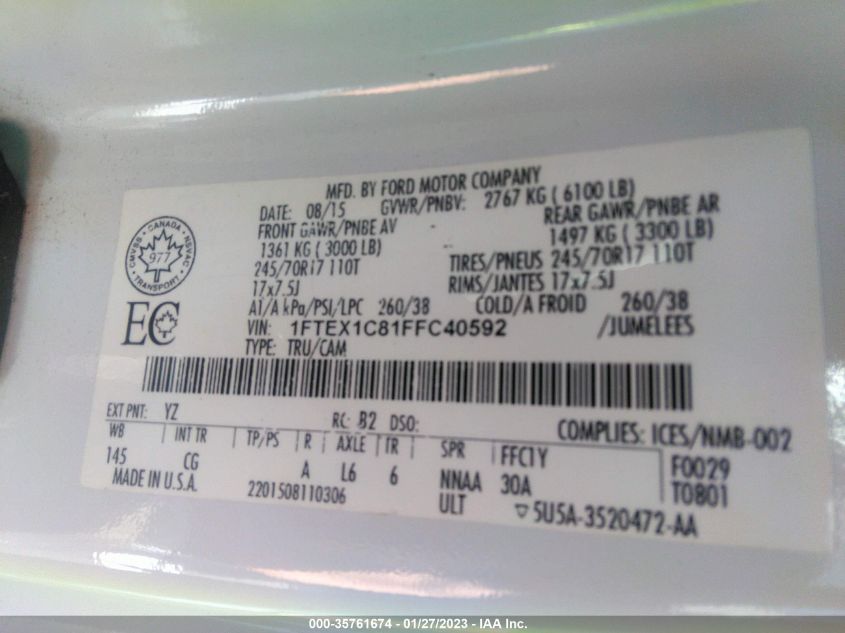 2015 FORD F-150 XL/XLT 1FTEX1C81FFC40592