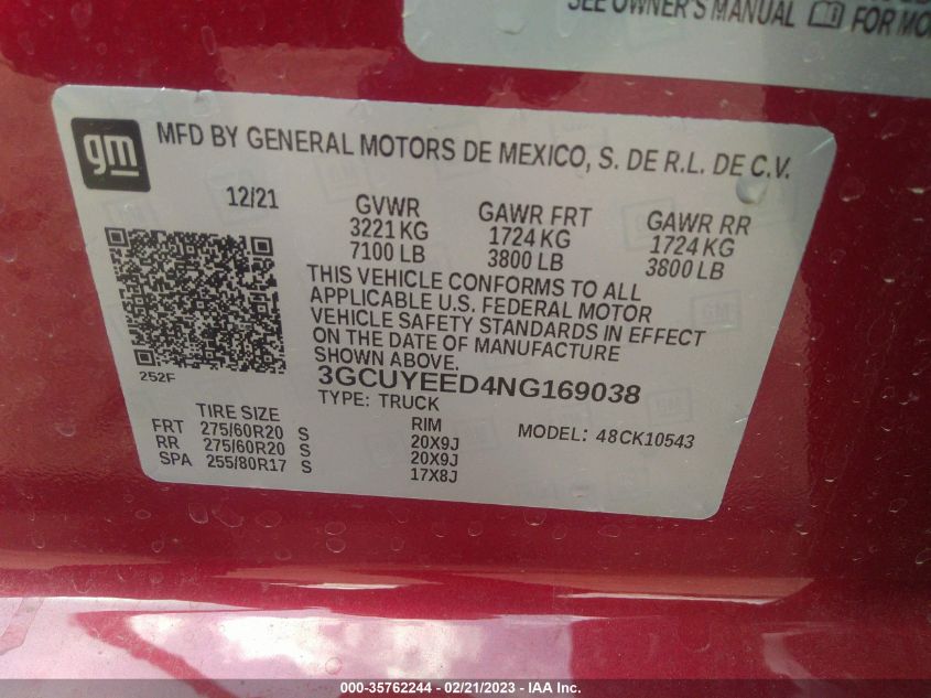 2022 CHEVROLET SILVERADO 1500 LTD RST 3GCUYEED4NG169038