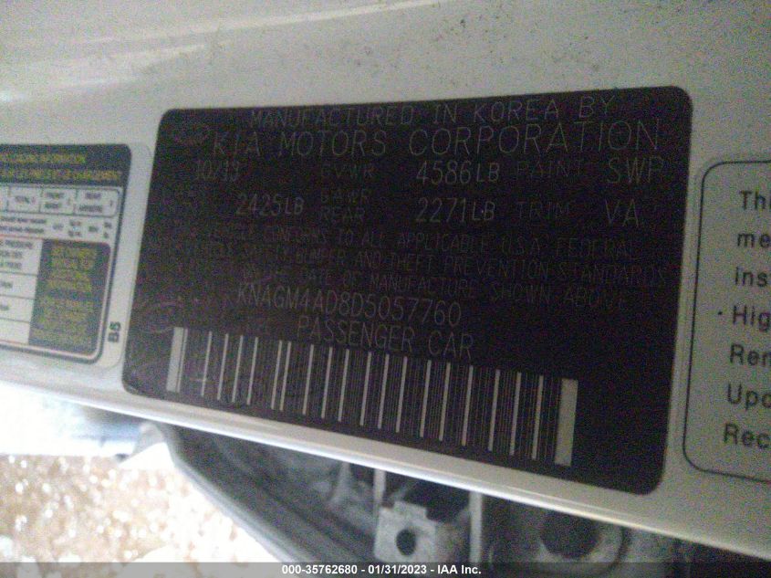 2013 KIA OPTIMA HYBRID EX KNAGM4AD8D5057760