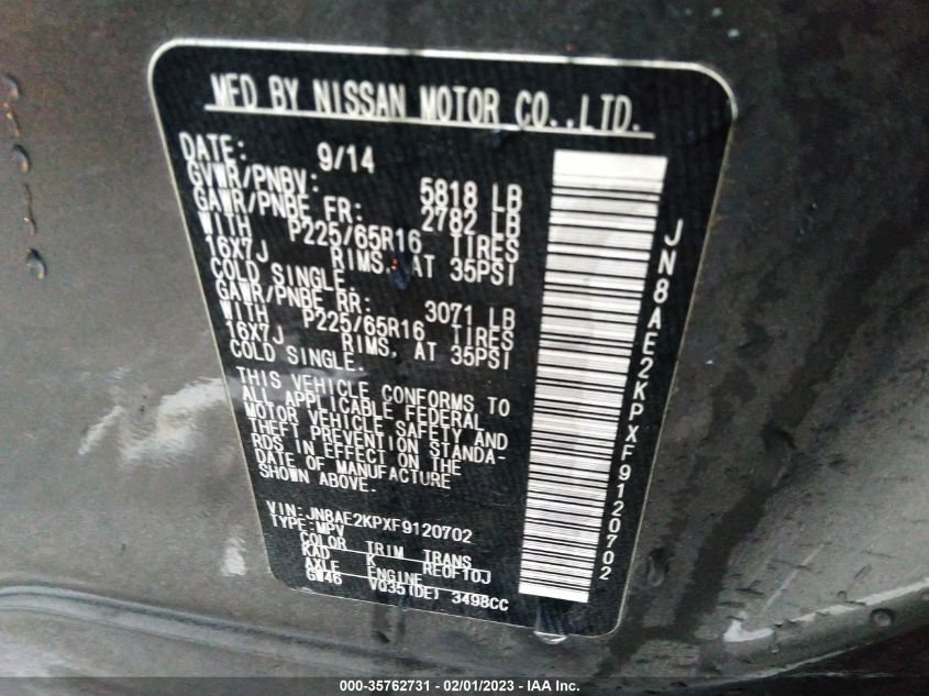 2015 NISSAN QUEST SV/S/PLATINUM/SL - JN8AE2KPXF9120702