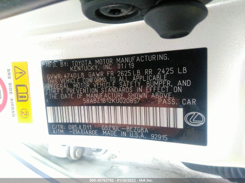 2019 LEXUS ES ES 350 - 58ABZ1B12KU020857