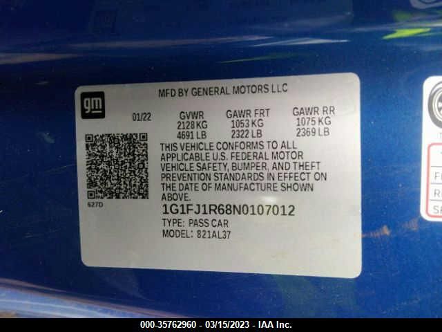 2022 CHEVROLET CAMARO ZL1 - 1G1FJ1R68N0107012