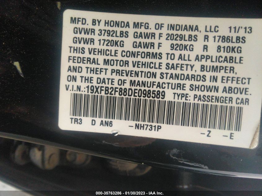 2013 HONDA CIVIC SDN EX 19XFB2F88DE098589