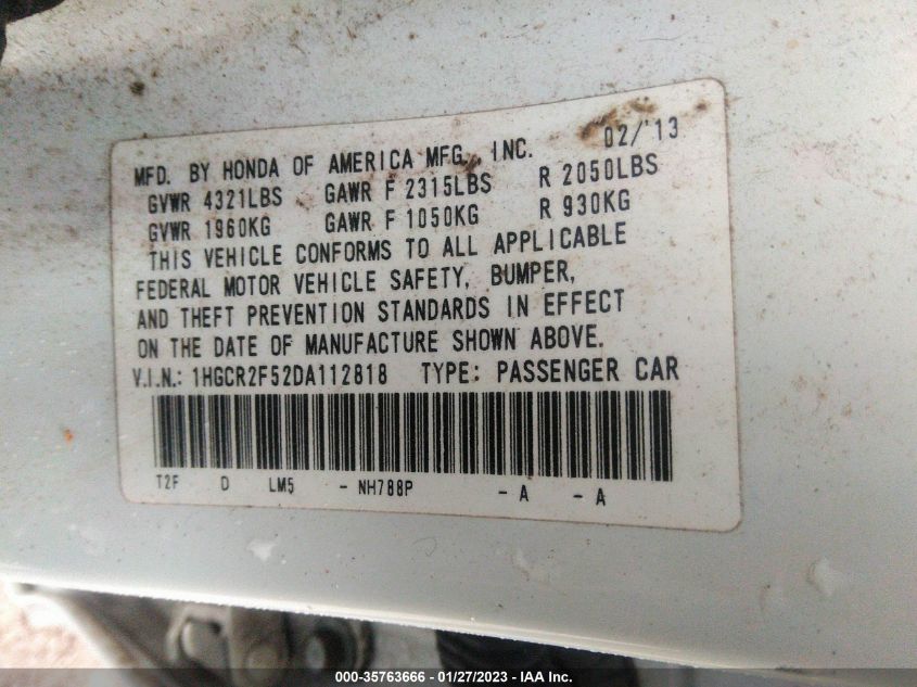 2013 HONDA ACCORD SDN SPORT 1HGCR2F52DA112818