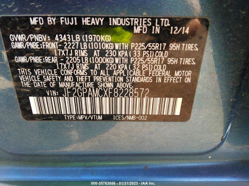 2015 SUBARU XV CROSSTREK LIMITED JF2GPAMCXF8228572
