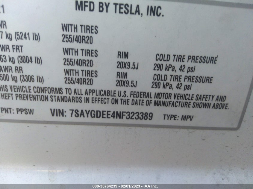 VIN 7SAYGDEE4NF323389 2022 TESLA MODEL Y LONG RANGE