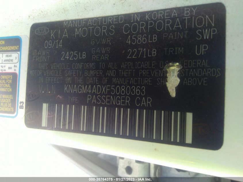 2015 KIA OPTIMA HYBRID KNAGM4ADXF5080363