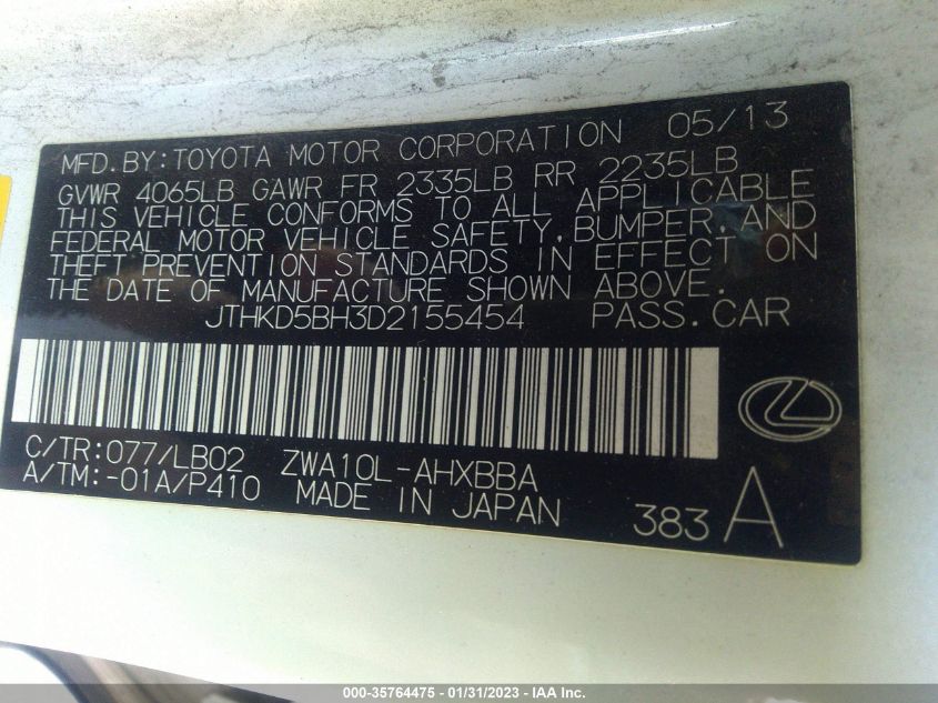2013 LEXUS CT 200H HYBRID - JTHKD5BH3D2155454