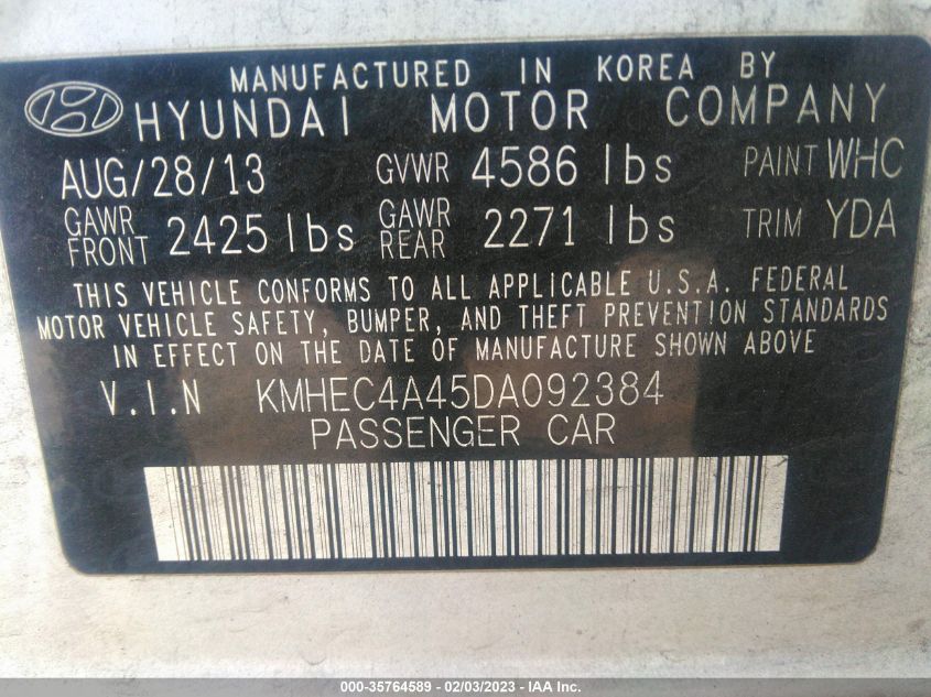 2013 HYUNDAI SONATA HYBRID LIMITED - KMHEC4A45DA092384