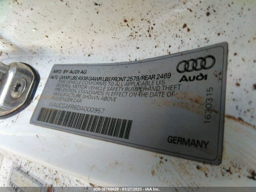 2013 AUDI S5 PREMIUM PLUS WAUCGAFR6DA000957