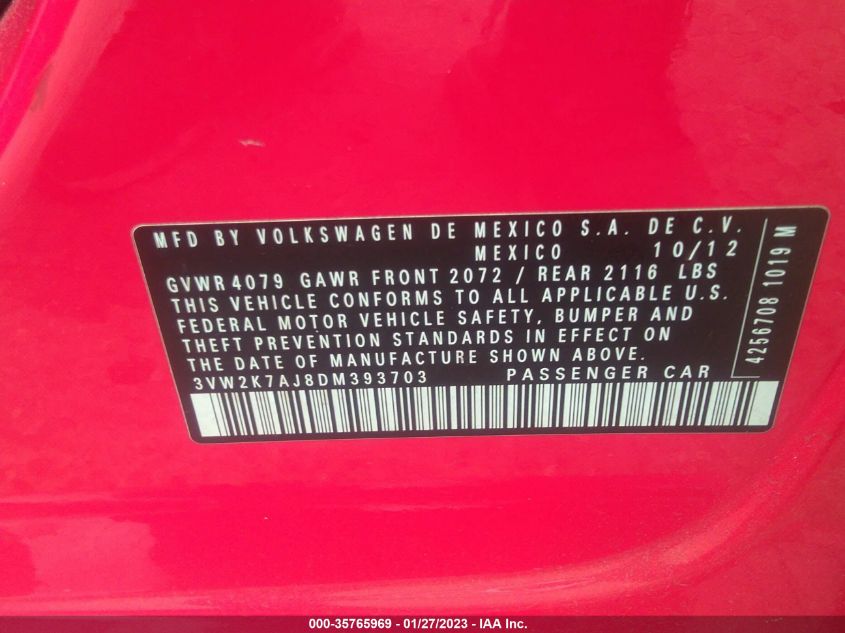 2013 VOLKSWAGEN JETTA SEDAN S 3VW2K7AJ8DM393703