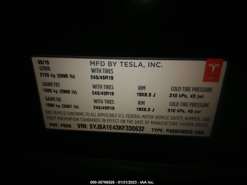 5YJSA1E43KF330632 Tesla Model S 2019. Фото: 8