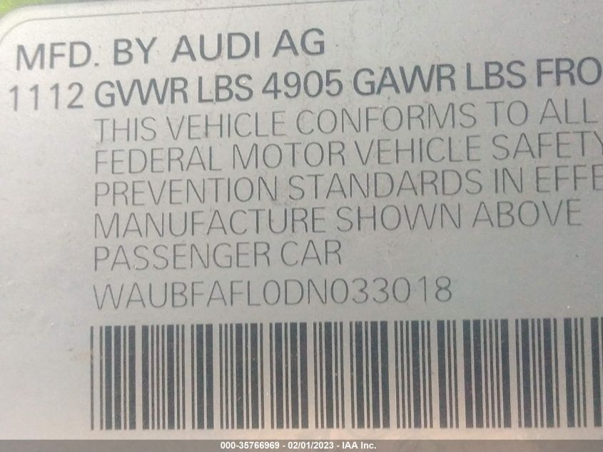 2013 AUDI A4 PREMIUM - WAUBFAFL0DN033018