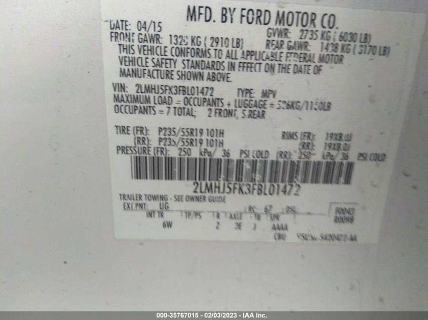 2015 LINCOLN MKT - 2LMHJ5FK3FBL01472