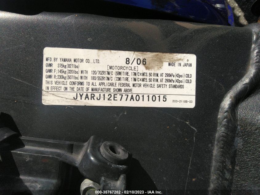 2007 YAMAHA YZFR6 L JYARJ12E77A011015