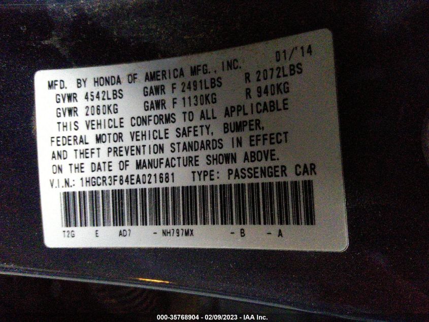 2014 HONDA ACCORD SEDAN EX-L - 1HGCR3F84EA021681