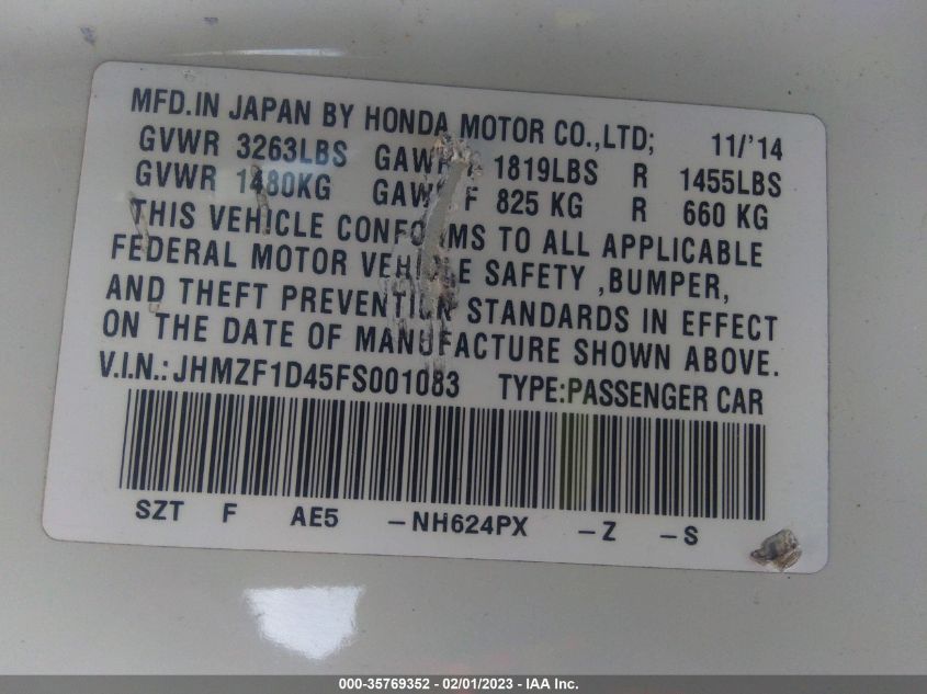 2015 HONDA CR-Z JHMZF1D45FS001083