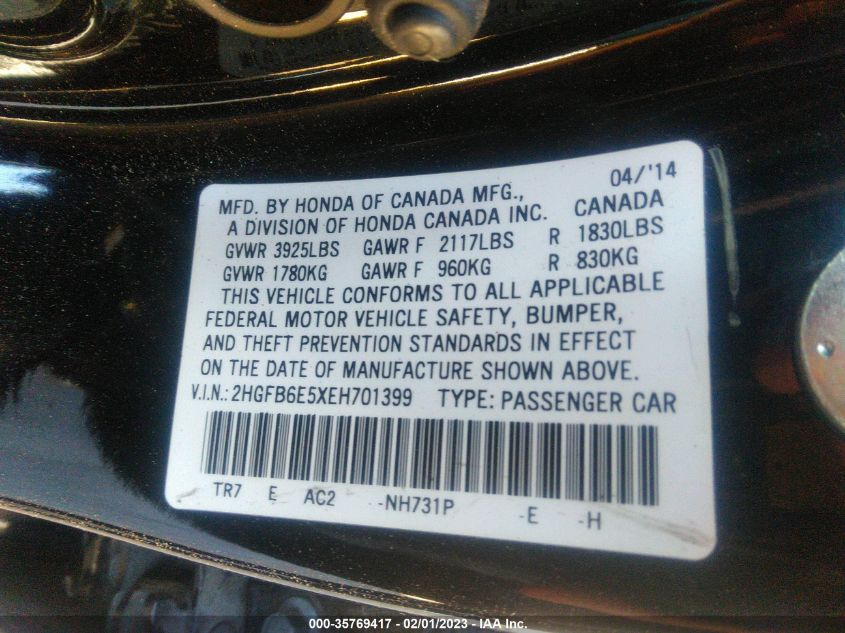 2014 HONDA CIVIC SEDAN SI - 2HGFB6E5XEH701399
