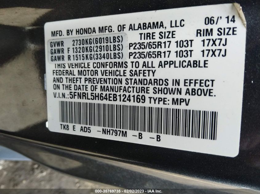 5FNRL5H64EB124169 2014 HONDA ODYSSEY, photo no. 9