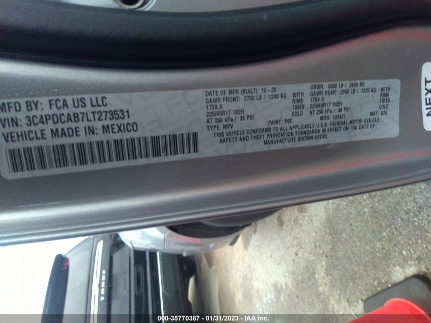 VIN 3C4PDCAB7LT273531 2020 DODGE JOURNEY SE VALUE