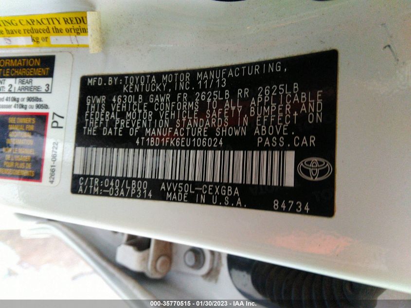 2014 TOYOTA CAMRY HYBRID LE/XLE/SE LIMITED EDITION 4T1BD1FK6EU106024