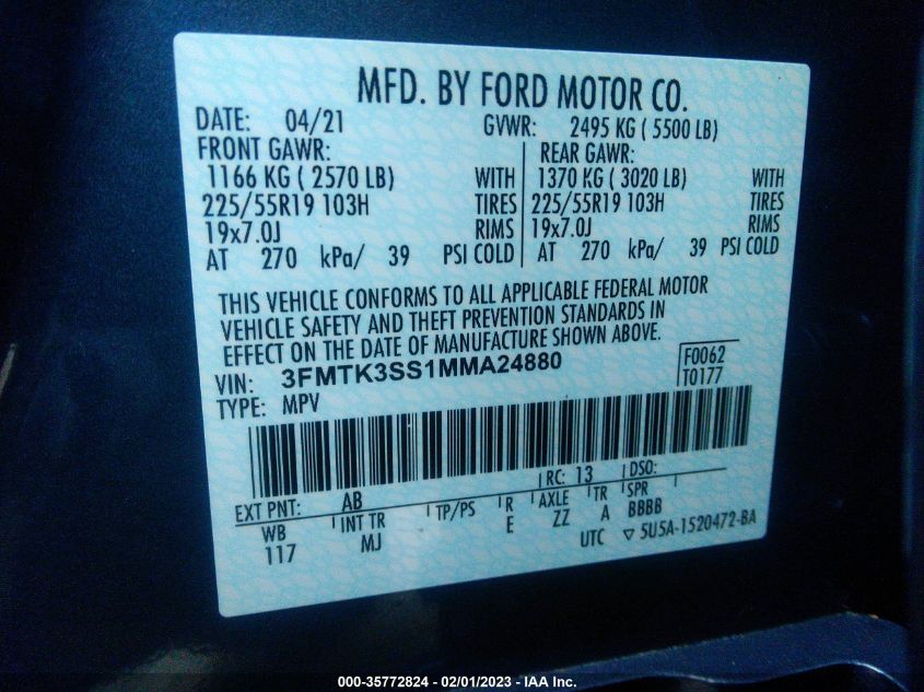 2021 FORD MUSTANG MACH-E PREMIUM 3FMTK3SS1MMA24880