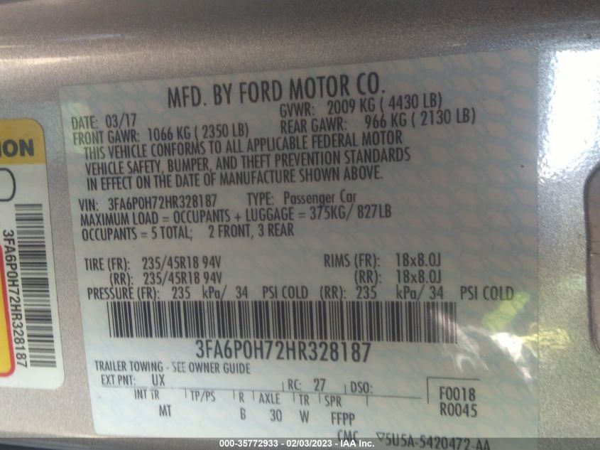 2017 FORD FUSION SE - 3FA6P0H72HR328187