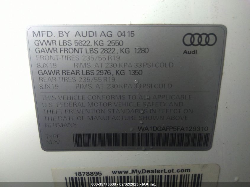 2015 AUDI Q5 PREMIUM PLUS WA1DGAFP5FA129310
