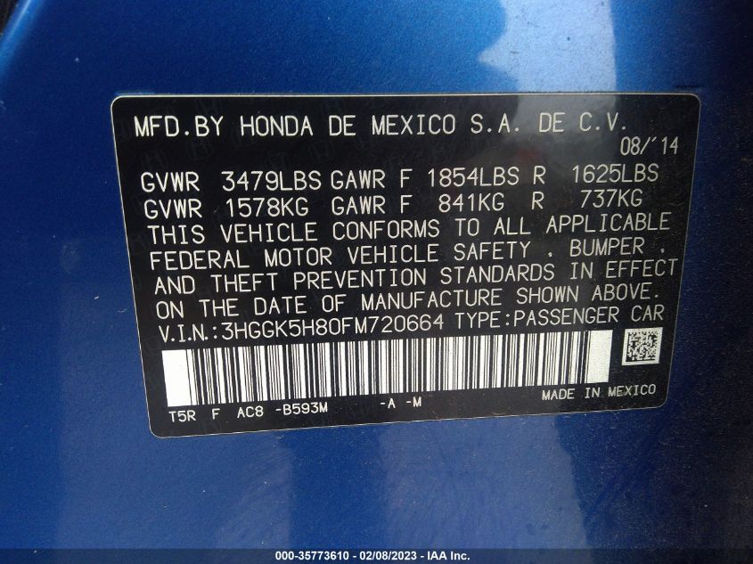2015 HONDA FIT EX-L/EX 3HGGK5H80FM720664