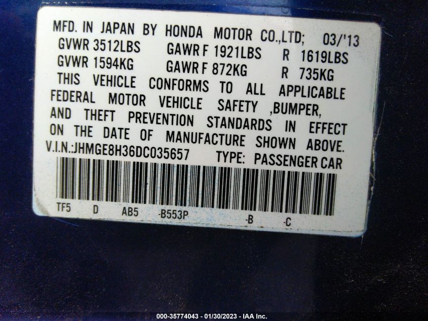 2013 HONDA FIT - JHMGE8H36DC035657