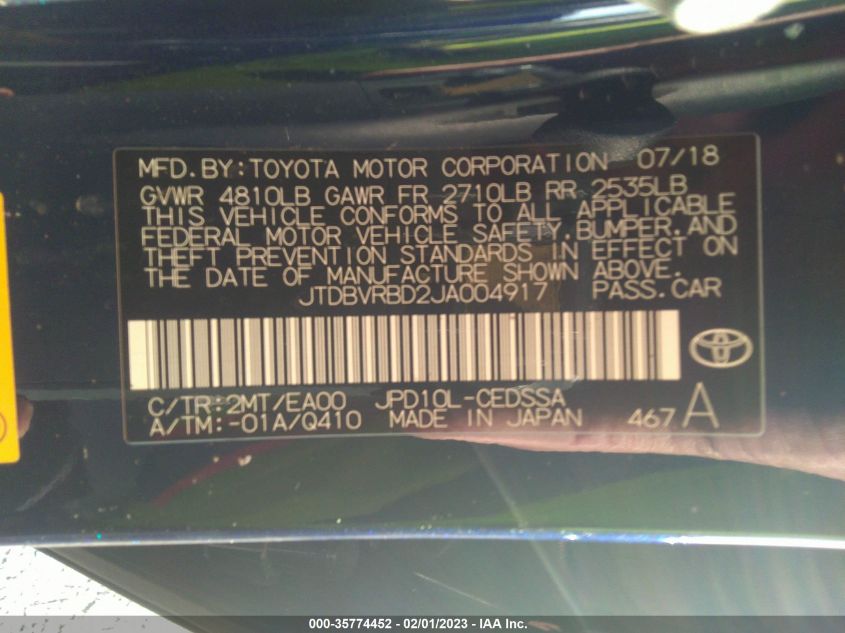 2018 TOYOTA MIRAI JTDBVRBD2JA004917