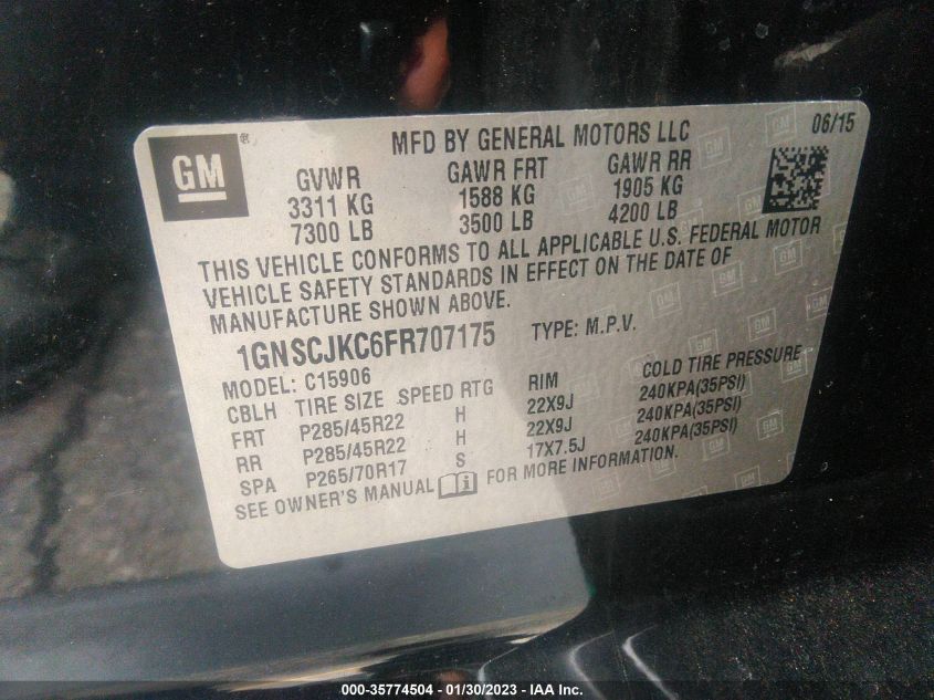 2015 CHEVROLET SUBURBAN LT 1GNSCJKC6FR707175